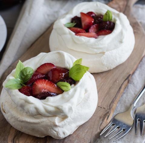 Strawberry-topped Pavlovas with a Honey Balsamic Sauce